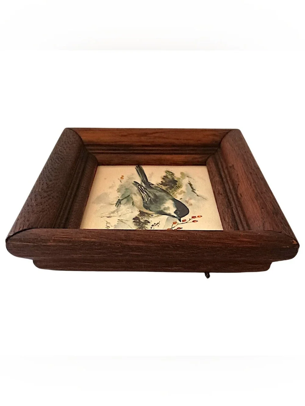 Vtg Mini Framed Chickadee Bird Print Rustic Wood Frame Cottagecore Cabin Decor
